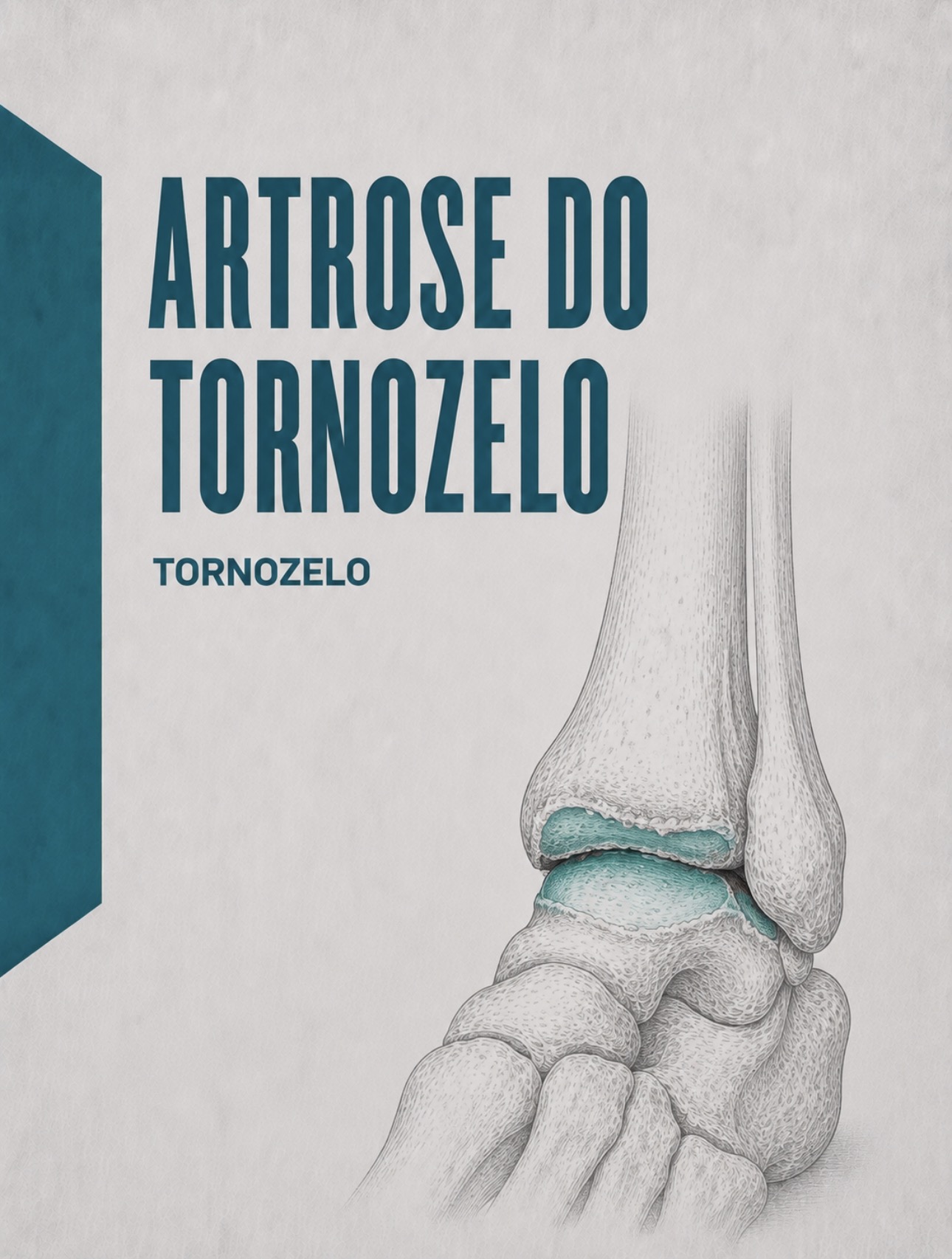 Ilustração médica de artrose tibiotalar com estreitamento articular e osteófitos