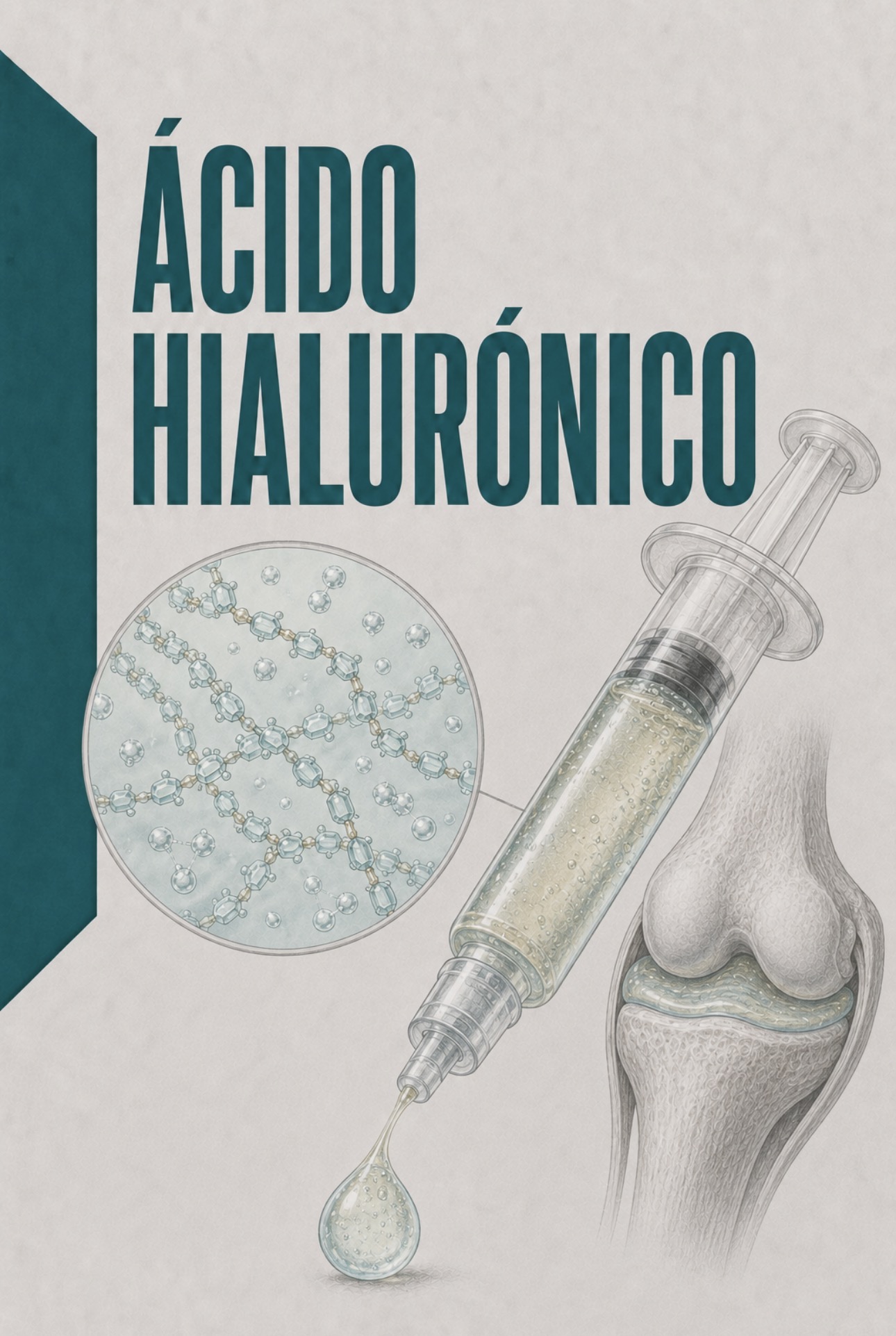 Ilustração clínica de viscossuplementação com ácido hialurónico intra-articular