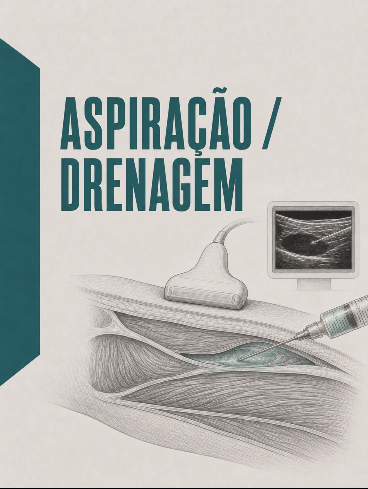 Ilustração clínica de aspiração e drenagem ecoguiada de quisto ou derrame