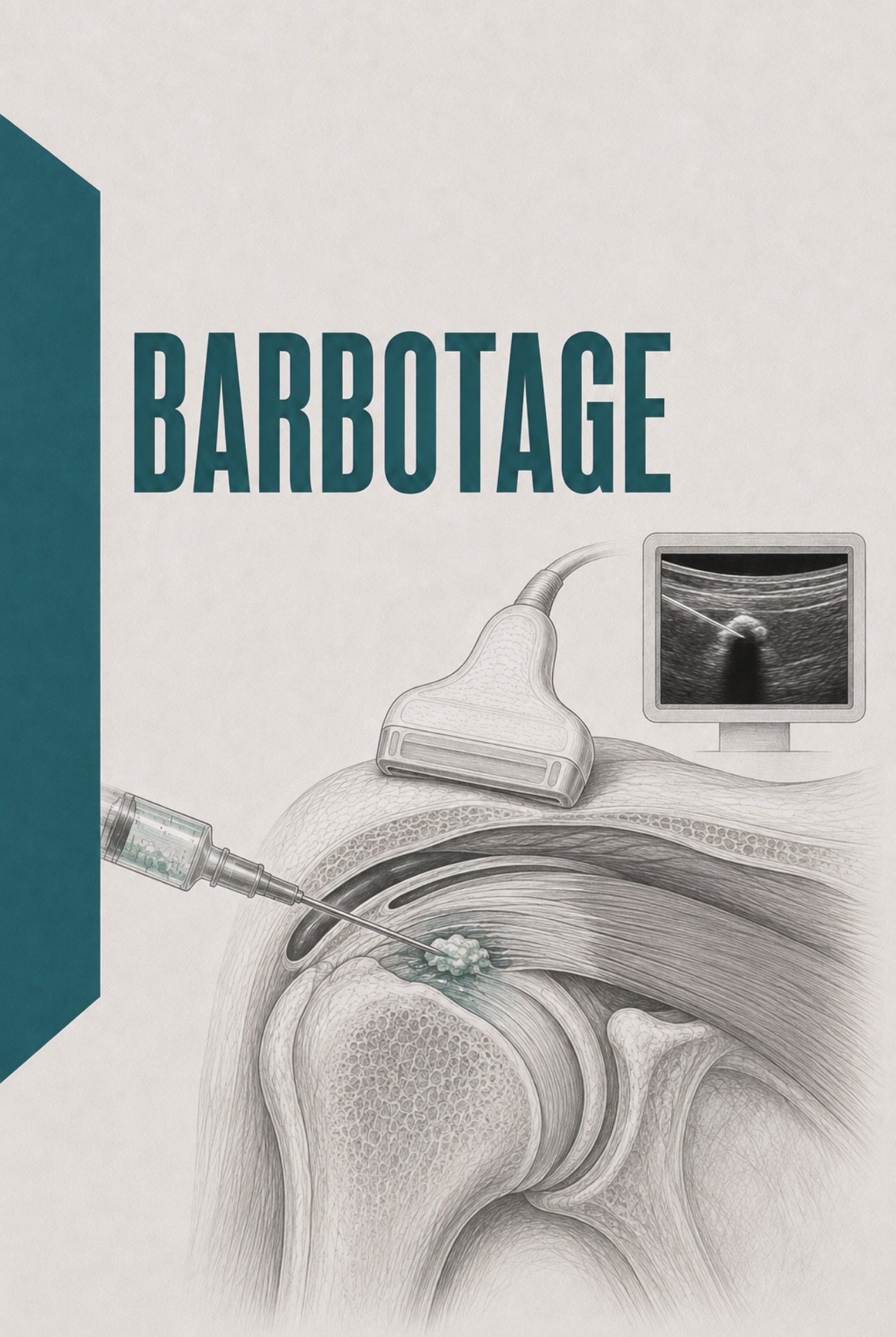 Ilustração clínica de barbotage e lavagem ecoguiada de calcificação tendinosa