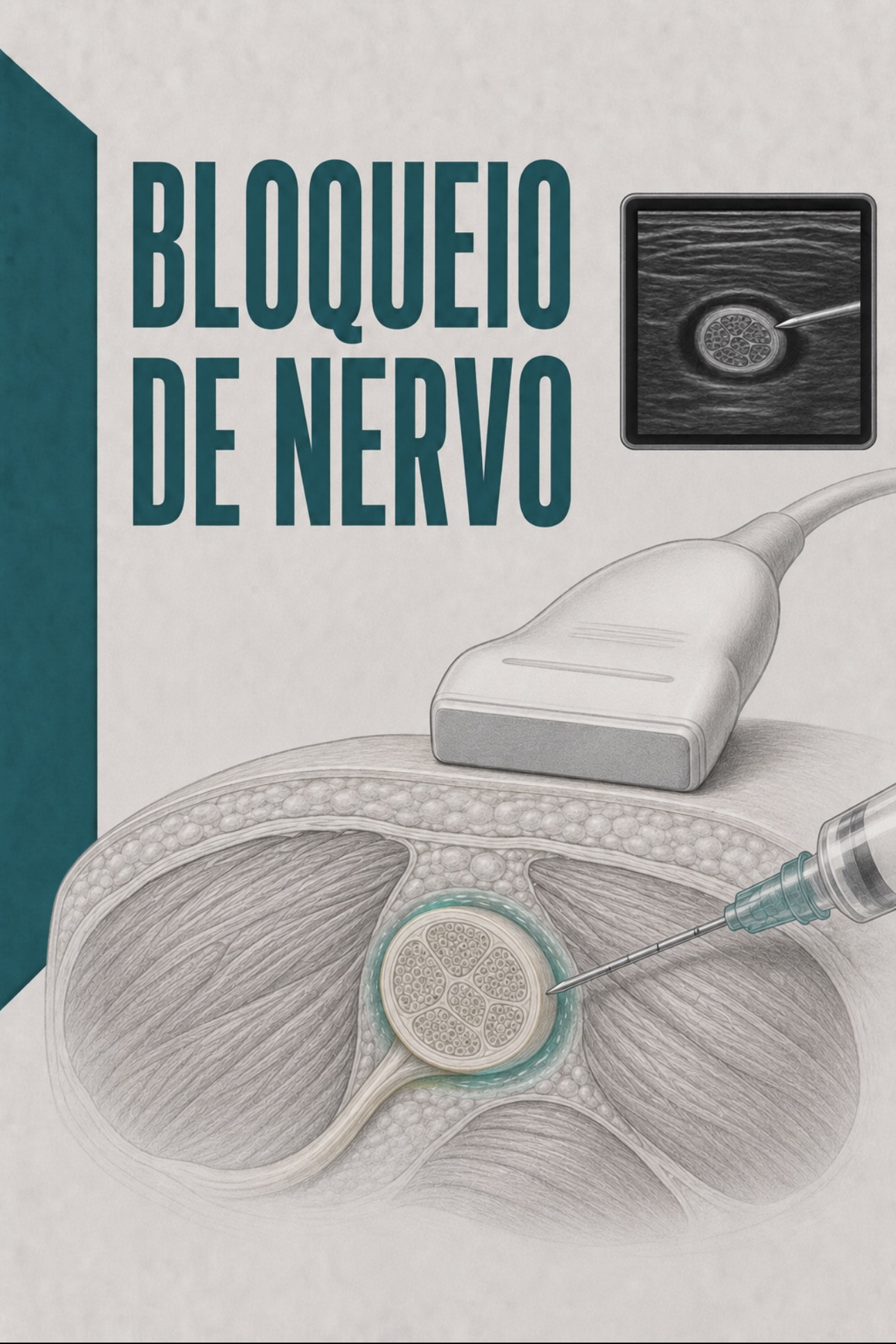 Ilustração clínica de bloqueio anestésico ou analgésico de nervo periférico guiado por ecografia