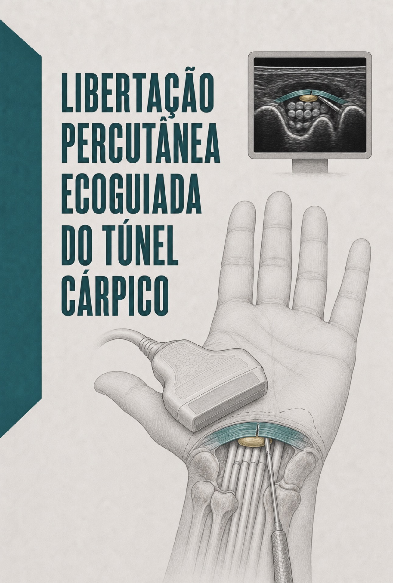 Ilustração clínica de libertação percutânea do ligamento transverso do carpo por ecografia